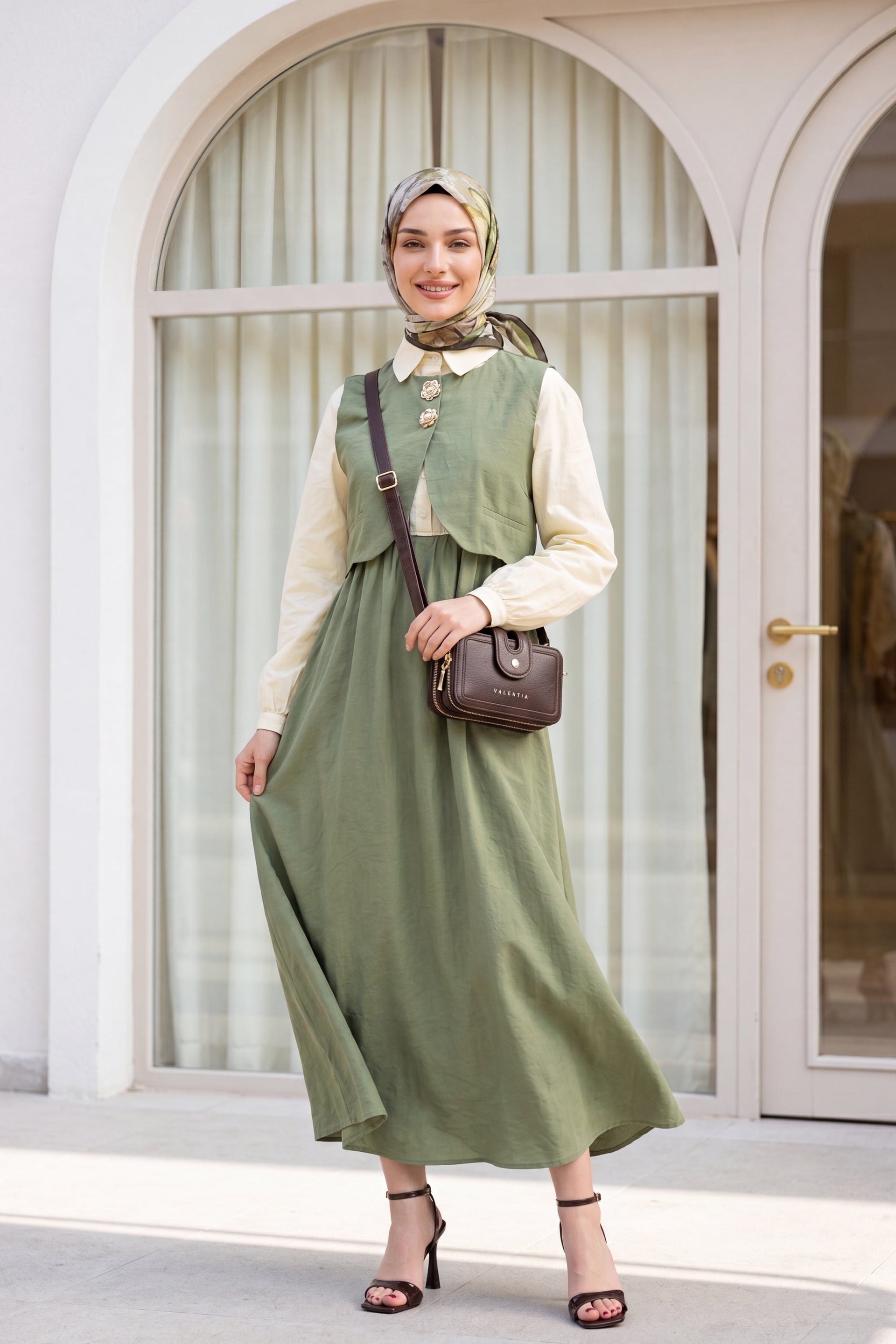 Snap Mini Vest Long Sleeve Modal Maxi Dress with Half Button - Pale Green - Podyumplus - by Peralane - photo 4