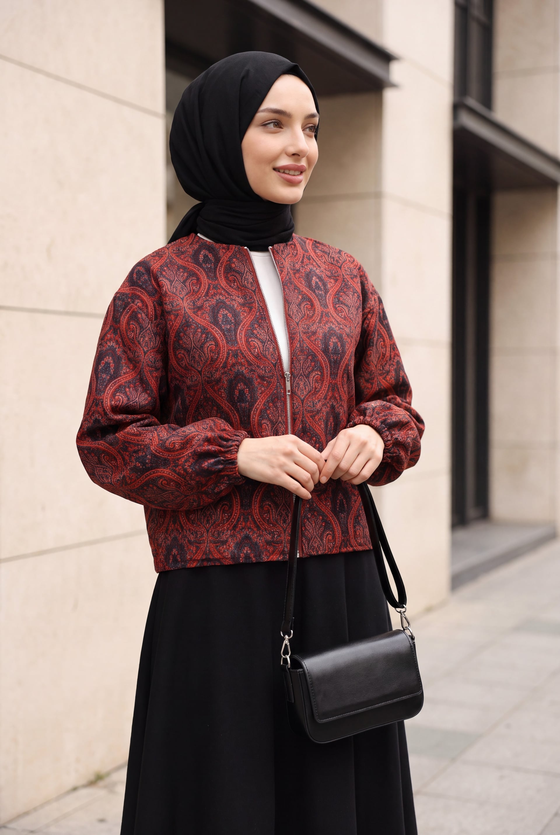 Paisley Print Bomber Jacket with Balloon Sleeves – Coral Red - Podyumplus - by Peralane - photo 2