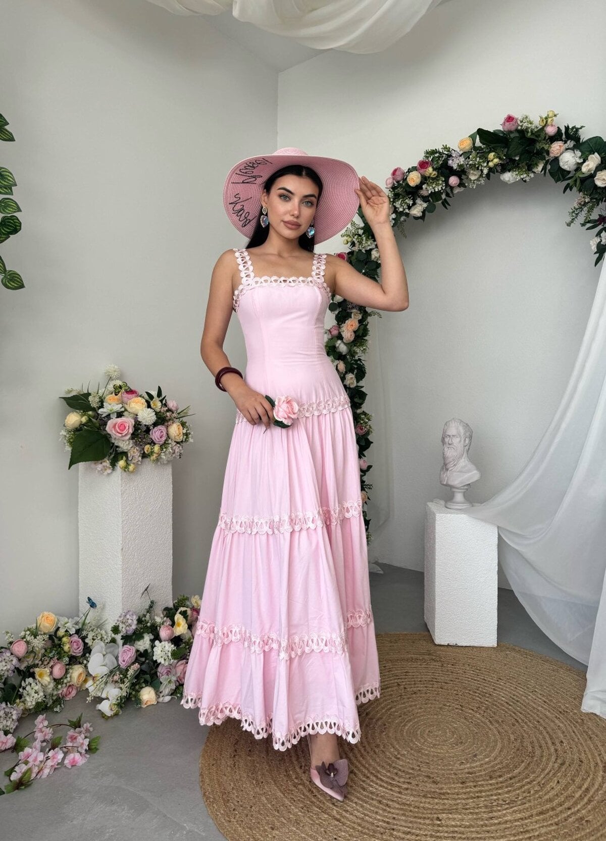 Pink Tiered Midi Dress with Square Neckline - Etika - by Peralane - photo 6
