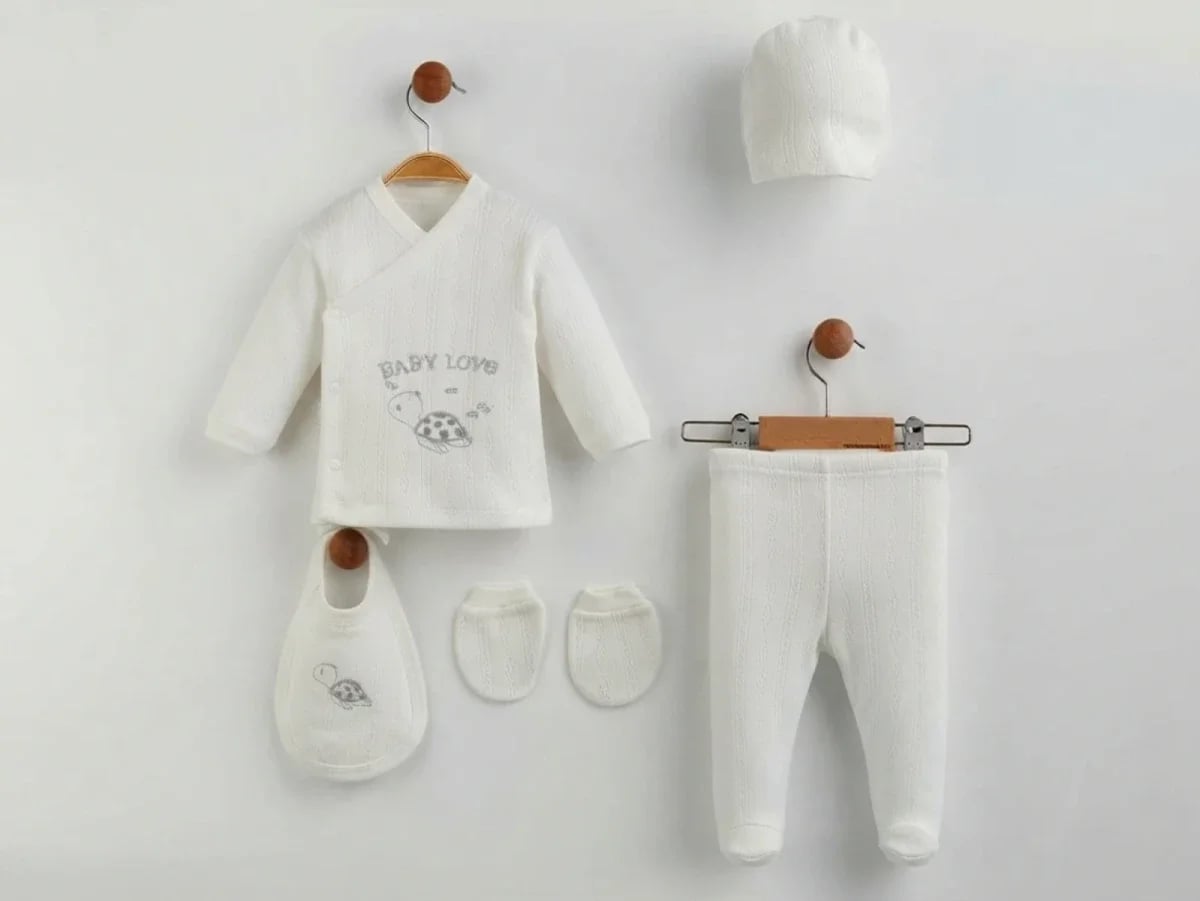 White Knit Newborn Baby Boy 5-Piece Set with Turtle Embroidery - Zipir - by Peralane