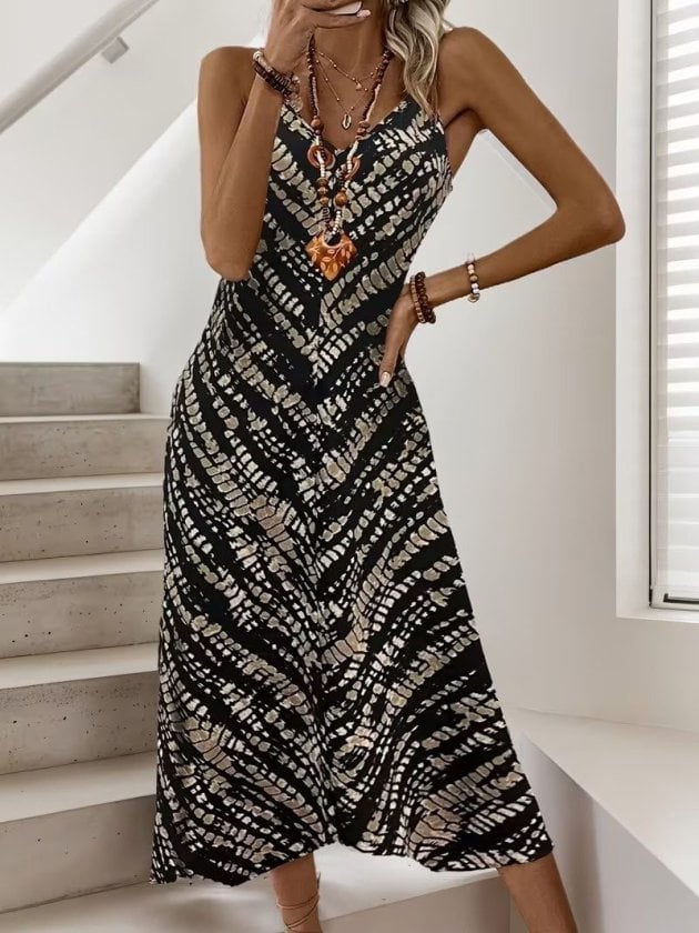 Women's Sleeveless V-Neck Maxi Dress with Abstract Stripe Print - Janes - by Peralane
