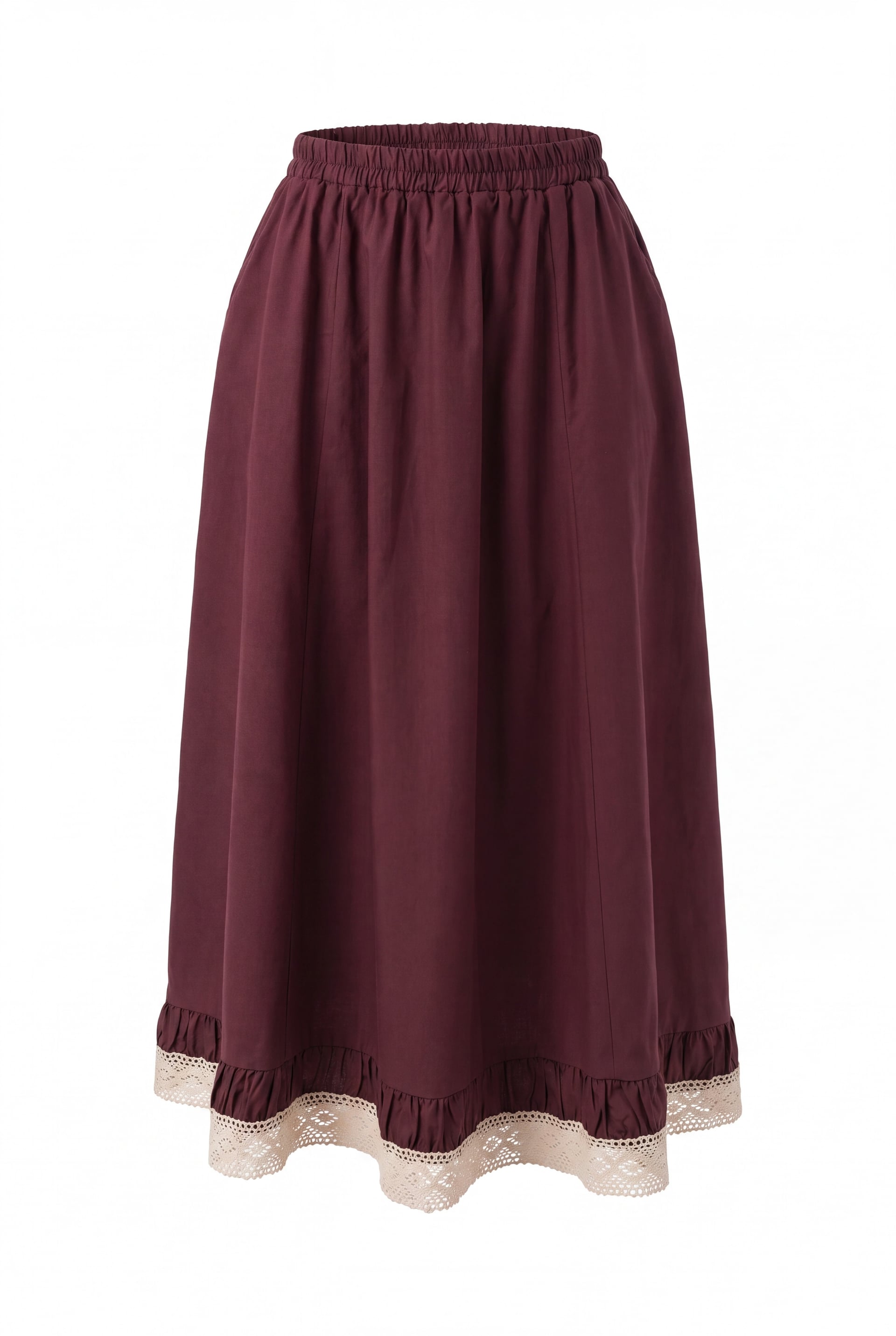 Elasticated Waist Lace Trim Poplin Skirt with Pockets - Burgundy - Podyumplus - by Peralane - photo 6