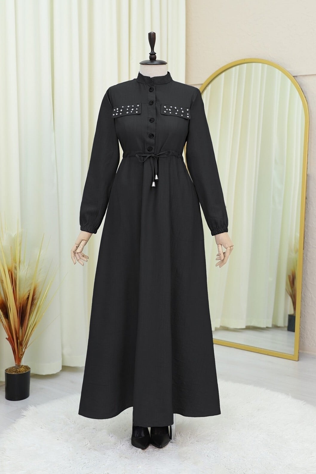 Long Sleeve Black Maxi Dress with Studded Pockets and Tie Waist - Podyumplus - by Peralane