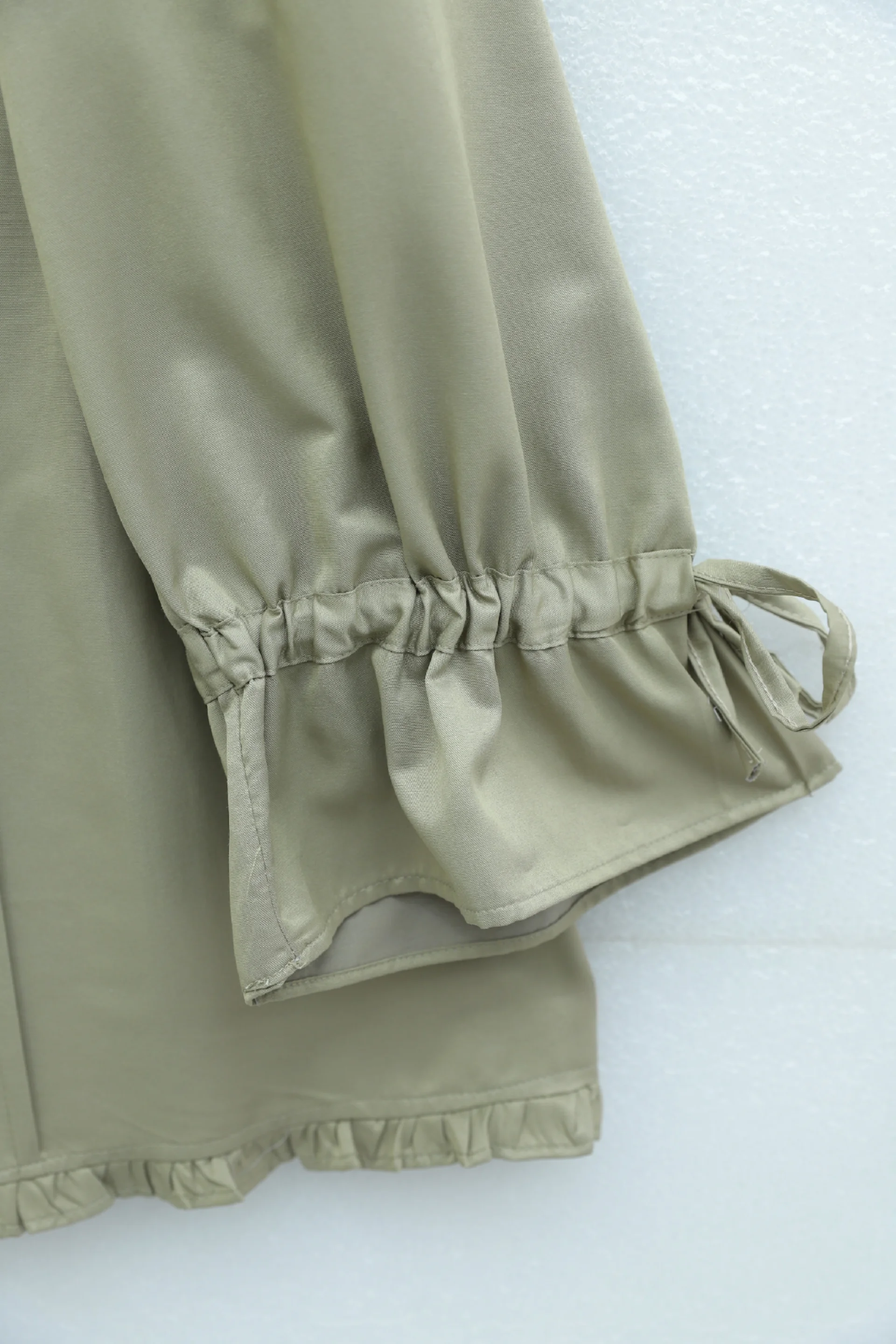Ruffled Trim Tie-Sleeve Stone Button Tunic - Olive Green - Podyumplus - by Peralane - photo 5