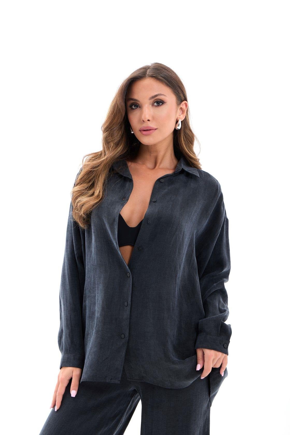 Women's Loungewear Set - Dark Grey Shirt and Wide-Leg Trousers - Fame - by Peralane - photo 3
