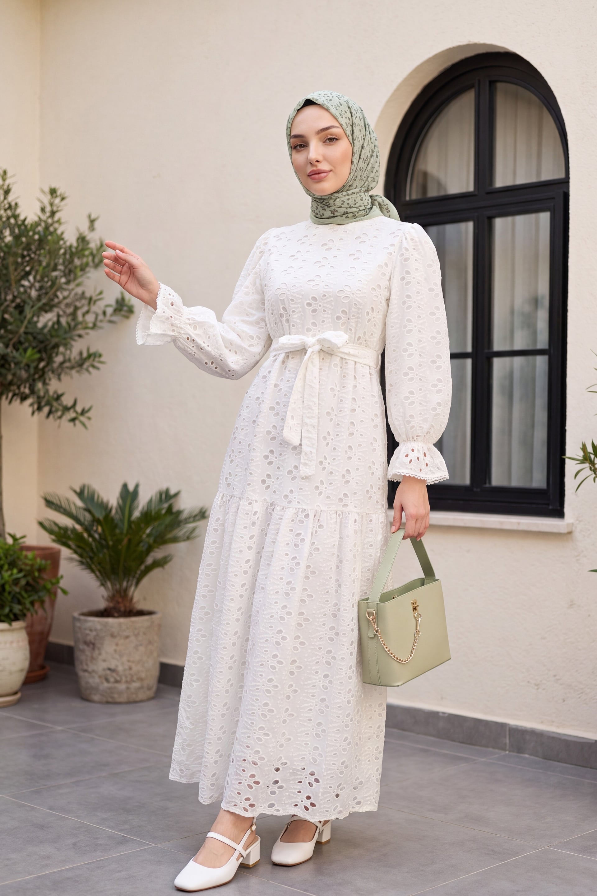White Linen Look Long Dress with Scoop Neck and Scalloped Details - Podyumplus - by Peralane - photo 5