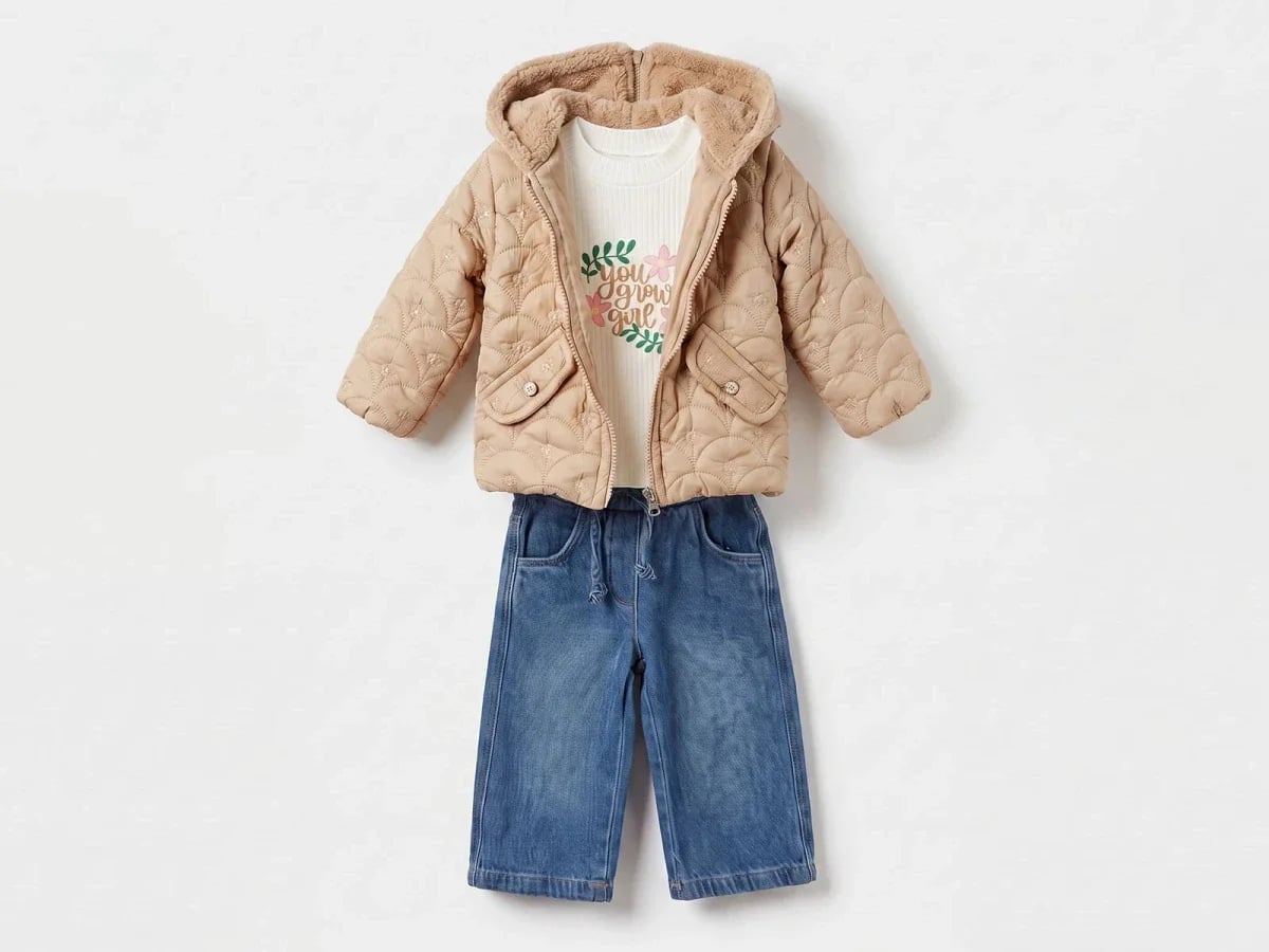 Girls' 3-Piece Quilted Jacket Outfit with T-Shirt and Denim Trousers - Canoz - by Peralane