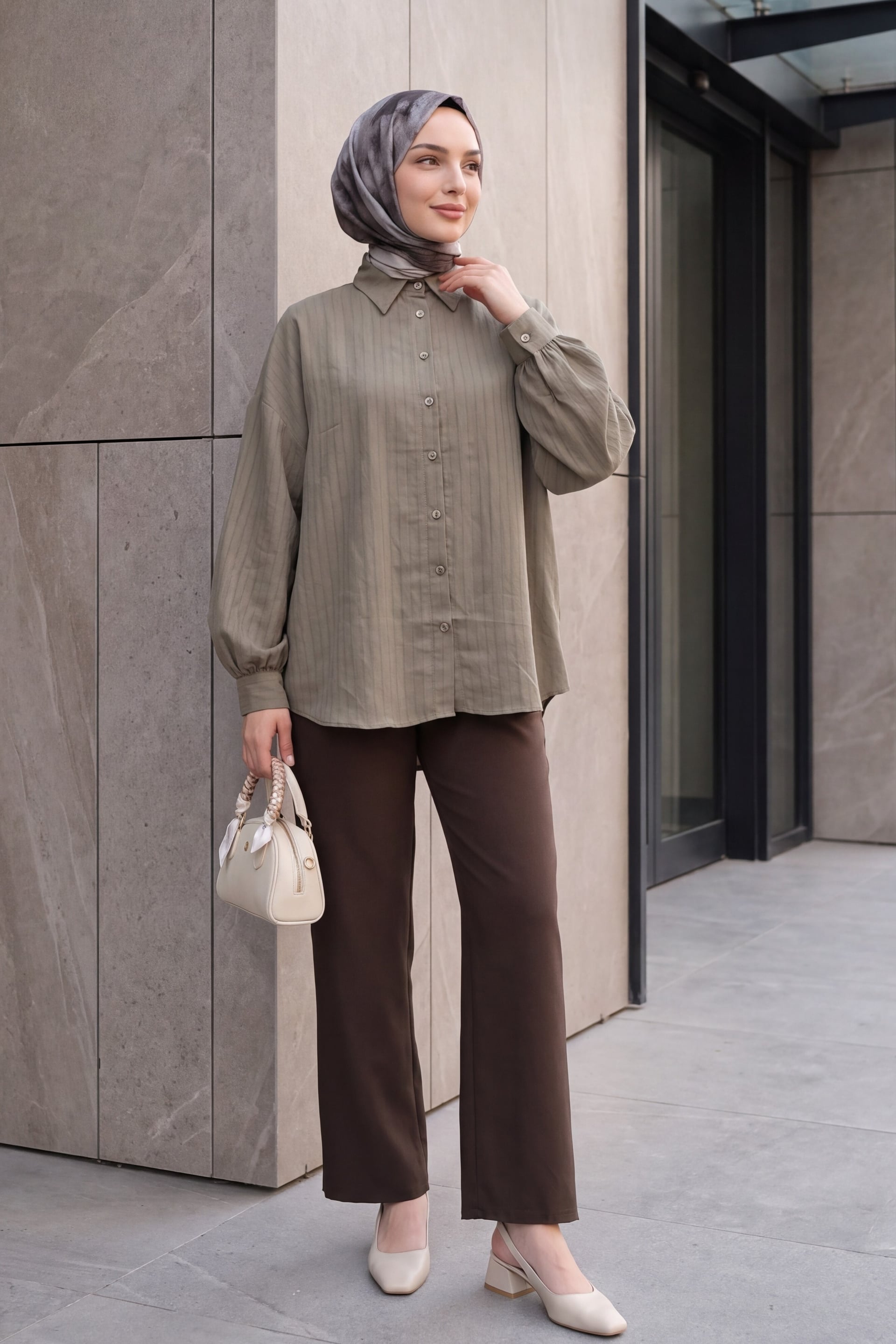 Long Back Oval Cut Buttoned Oversize Blouse - Light Brown - Podyumplus - by Peralane - photo 5
