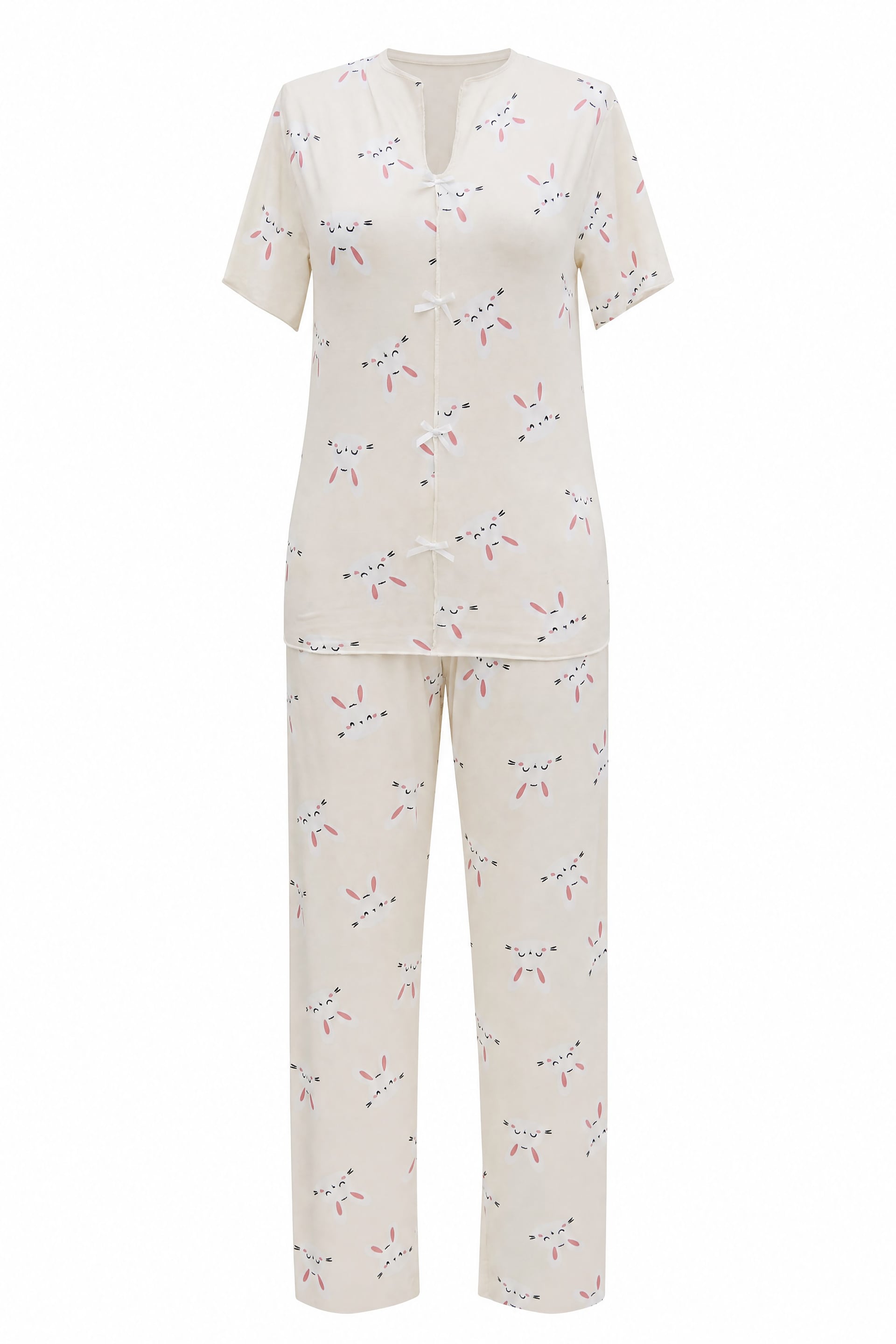 Women's Cream Bunny Print V-Neck Tie-Front Short-Sleeve Jersey Pajama Set - Podyumplus - by Peralane - photo 2