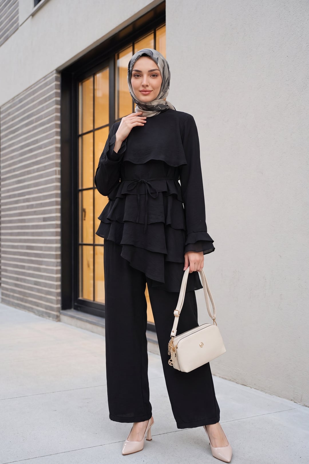 Asymmetric Layered Lace-Up Trousers Lined Cupro Co-ord Set - Black - Podyumplus - by Peralane - photo 4