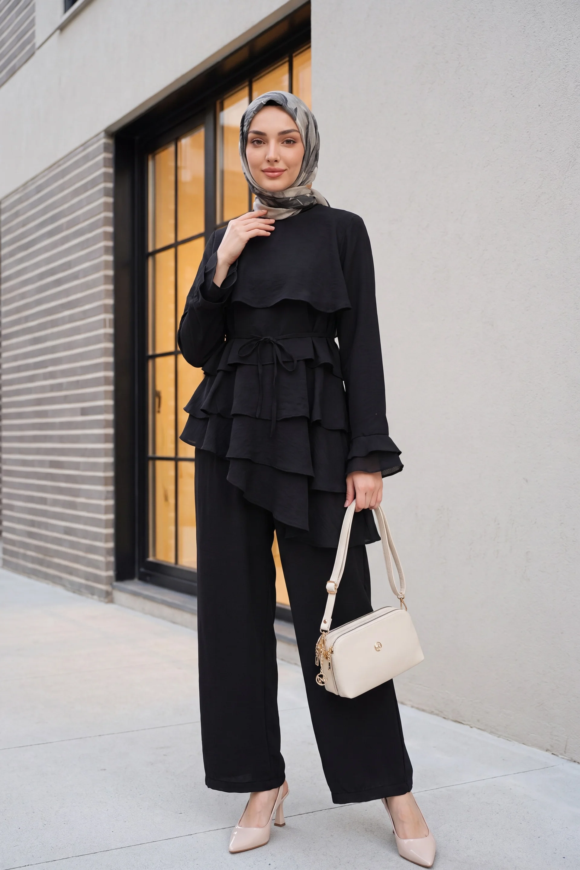 Asymmetric Layered Lace-Up Trousers Lined Cupro Co-ord Set - Black - Podyumplus - by Peralane - photo 4