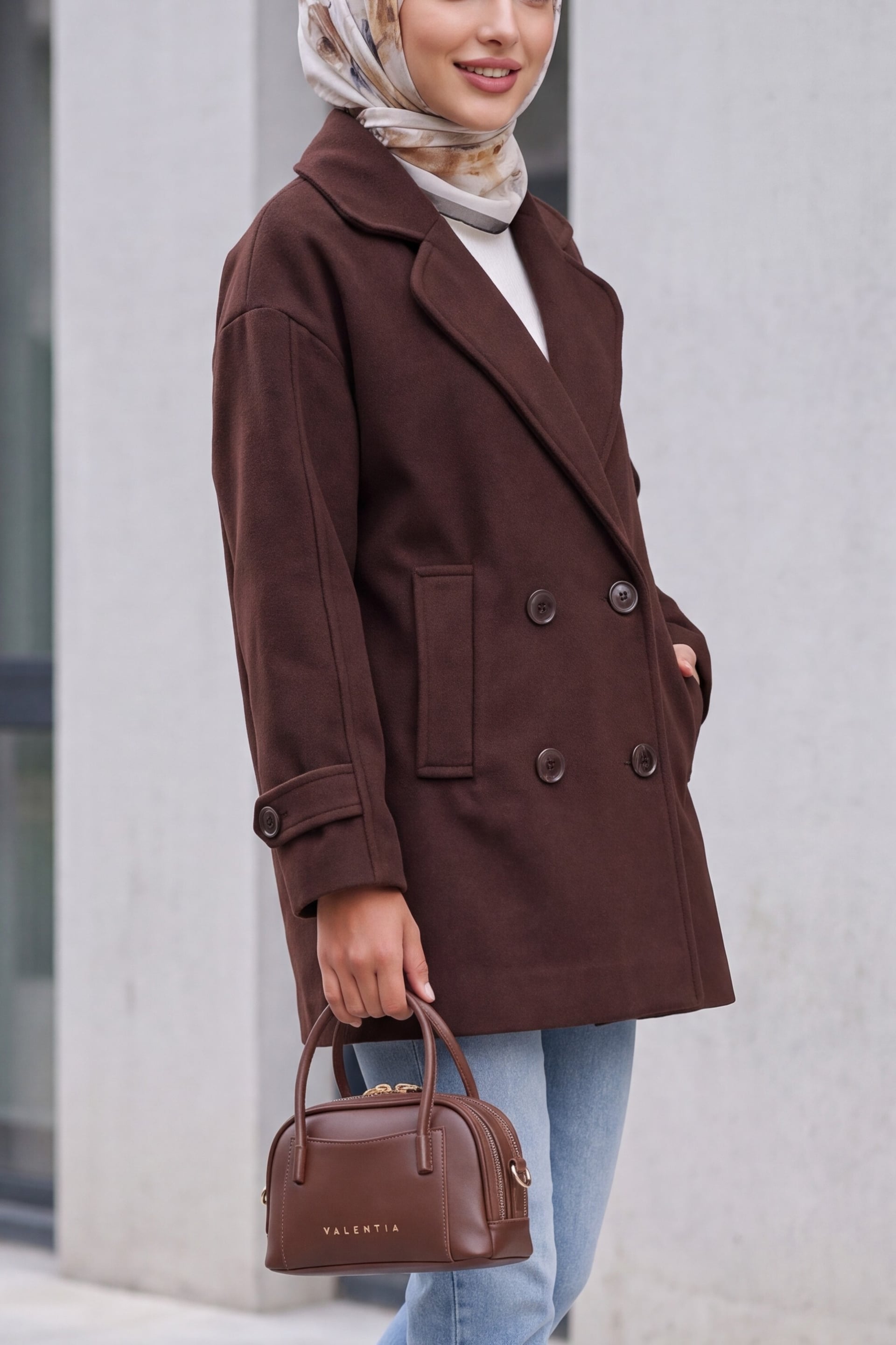 Women's Double-Breasted Brown Wool-Blend Coat - Bigdart - by Peralane