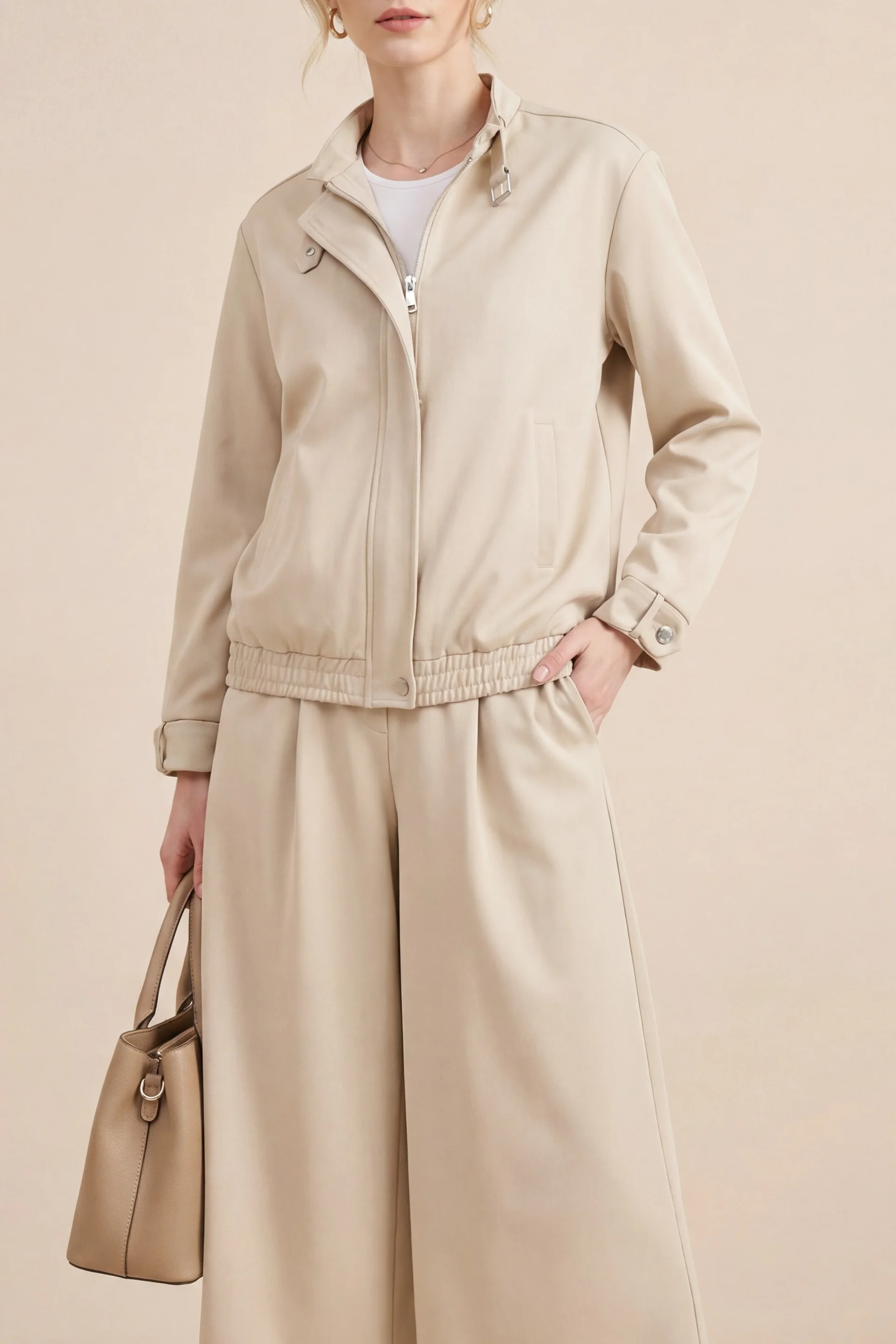 Beige Belted Collar and Cuff Jacket with Pleated Wide-Leg Trousers Set - Podyumplus - by Peralane - photo 5