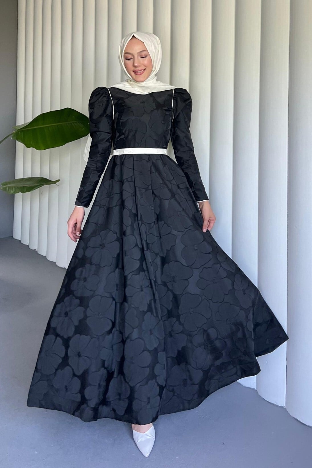 Black Belted Balloon Skirt Cold Print Kaftan Evening Dress - Podyumplus - by Peralane - photo 6