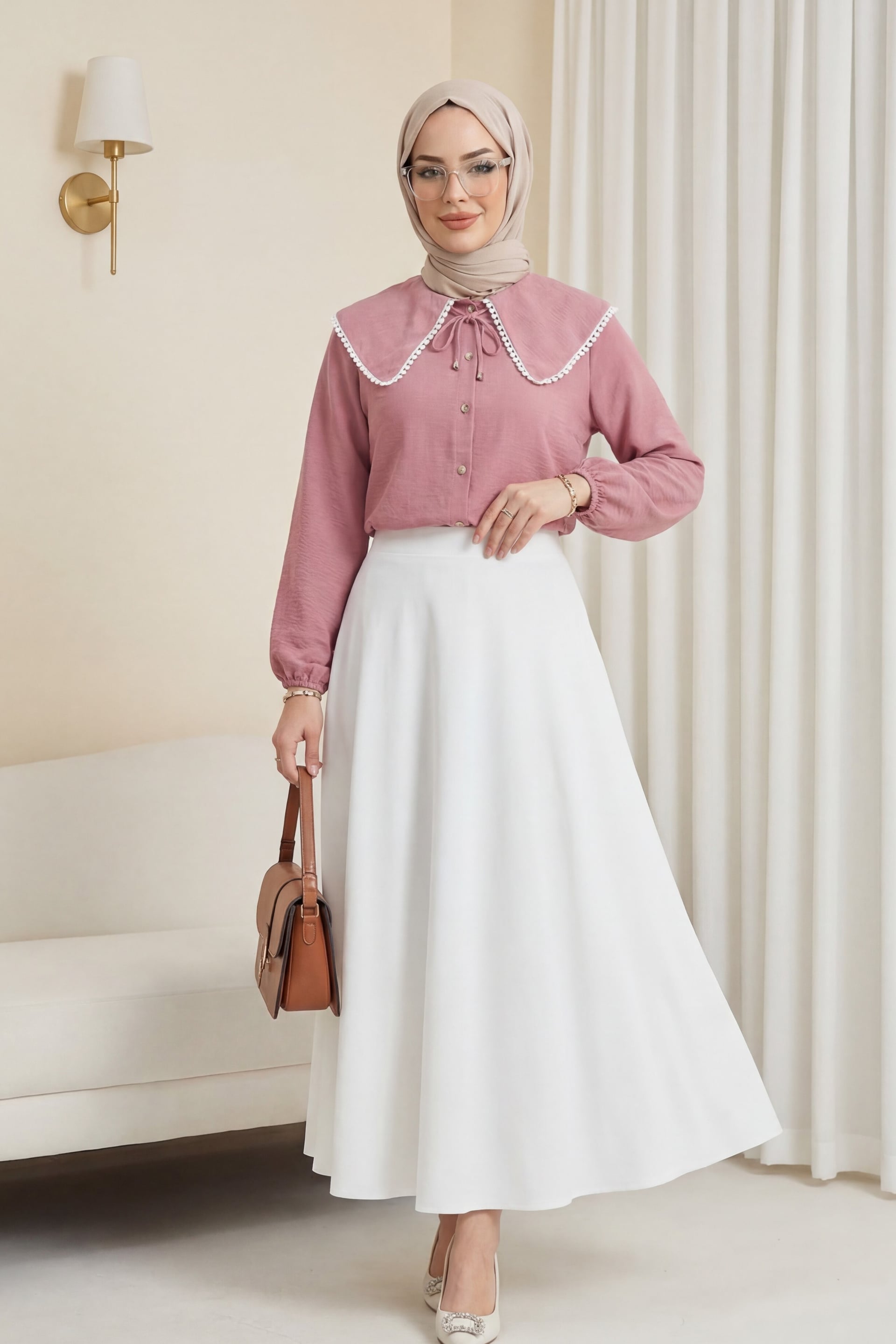 Dusty Rose Peter Pan Collar Blouse with A-Line Skirt Modest Set - Podyumplus - by Peralane - photo 4