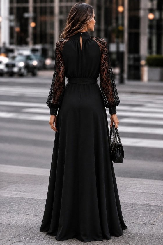 Women's Long-Sleeve Black Crepe Dress with Lace Sleeves and Keyhole Neckline - Janes - by Peralane - photo 3