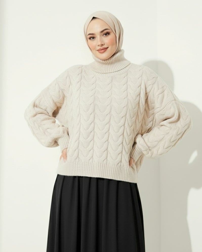 Cable Knit Turtleneck Sweater - Ecru - Podyumplus - by Peralane - photo 2