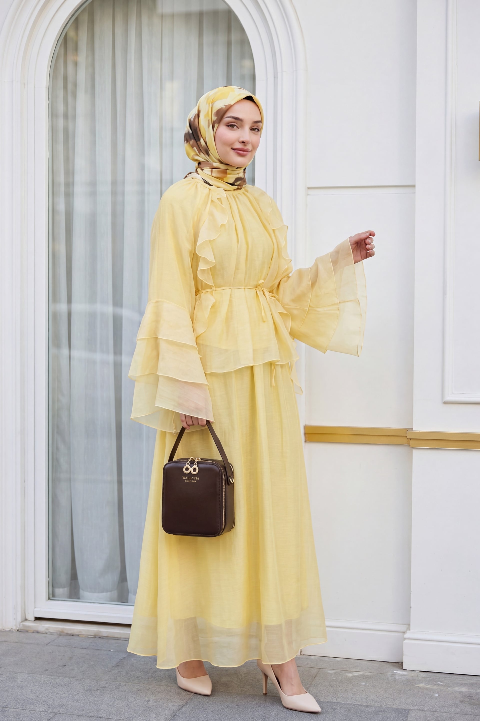 Ruffled Front Spanish Sleeve Lined Laced Skirt Cupra Set - Yellow - Podyumplus - by Peralane