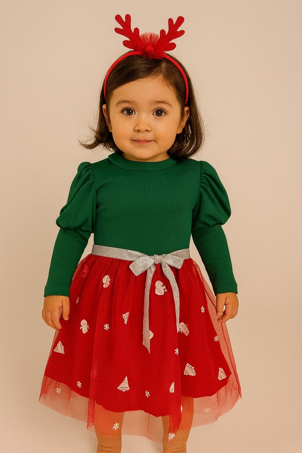 Girl's Dress with Red Tulle Skirt and Green Ribbed Top - Interkidsy - by Peralane