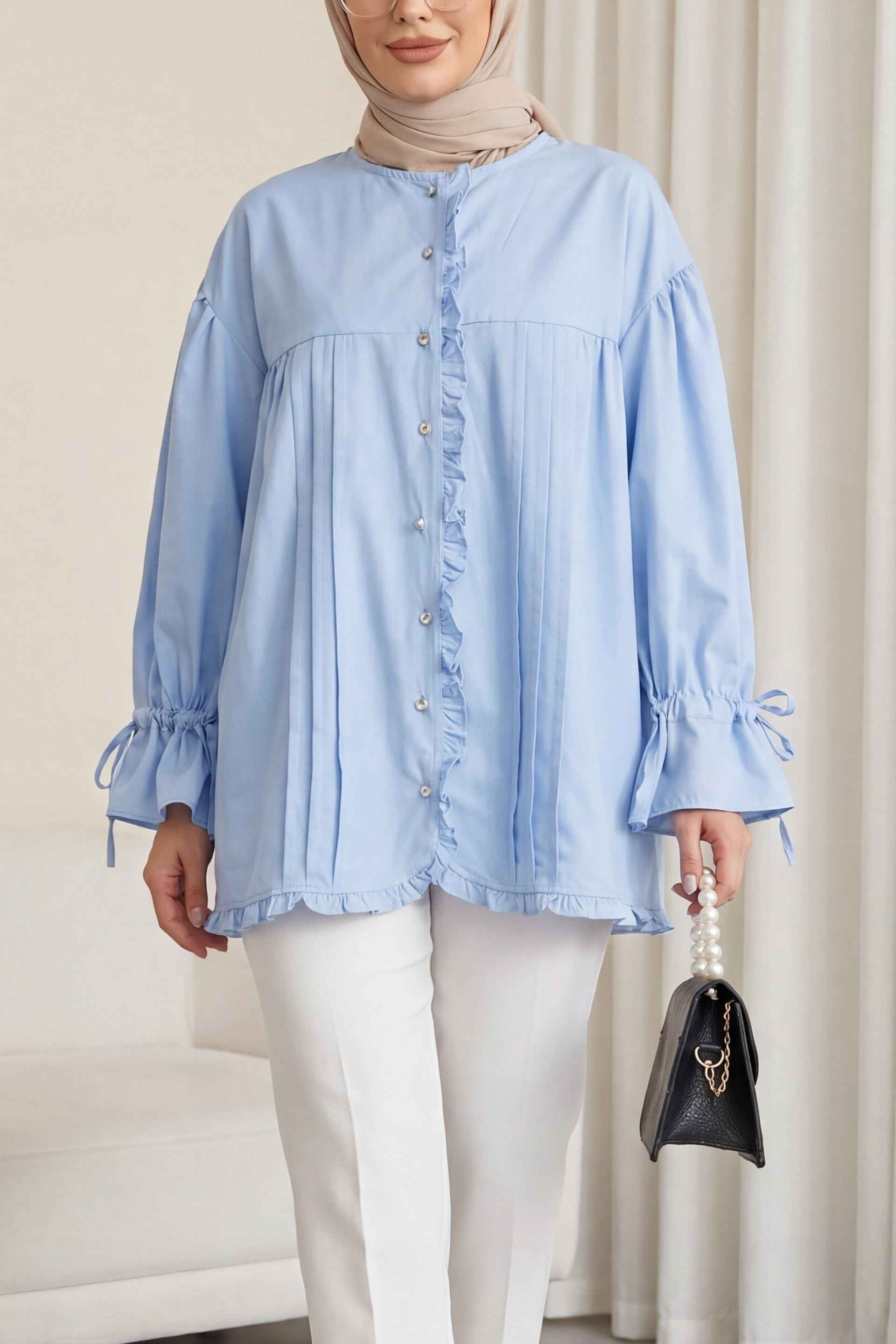 Ruffled Detail Balloon Sleeve Stone Button Cupra Tunic - Baby Blue - Podyumplus - by Peralane