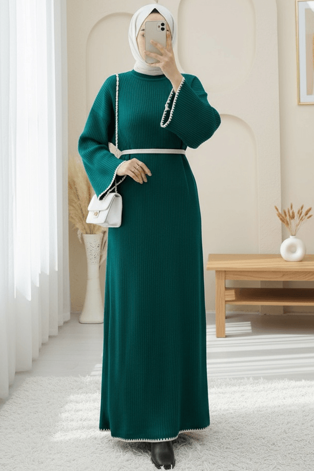 Embroidered Ribbed Knit Dress with Lace-Up Details - Emerald - Podyumplus - by Peralane