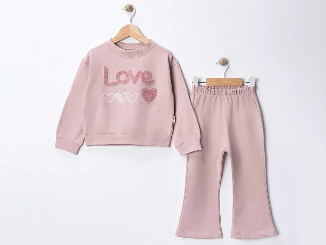 Girls' Love Print Sweatshirt and Flared Trousers Set - Dusty Rose - Feely Kids - by Peralane