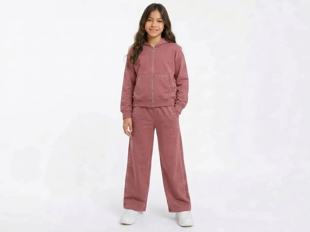 Girls' Studded Hooded Sweatshirt and Wide-Leg Trousers Set - Dusty Rose - Mensis - by Peralane