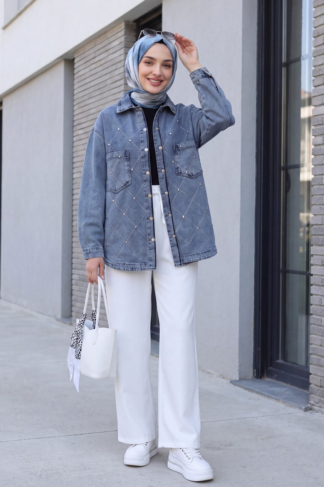 Double Pocket Stone Button Front Denim Jacket - Ice Blue - Podyumplus - by Peralane - photo 4
