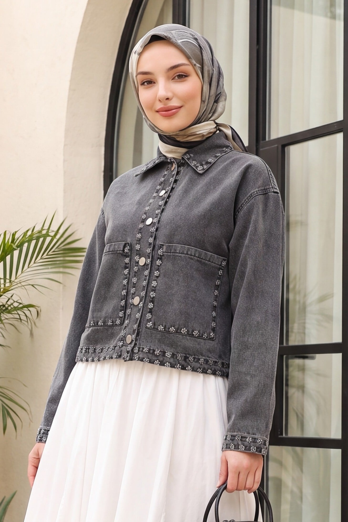 Smoke Grey Studded Denim Jacket - Podyumplus - by Peralane - photo 2