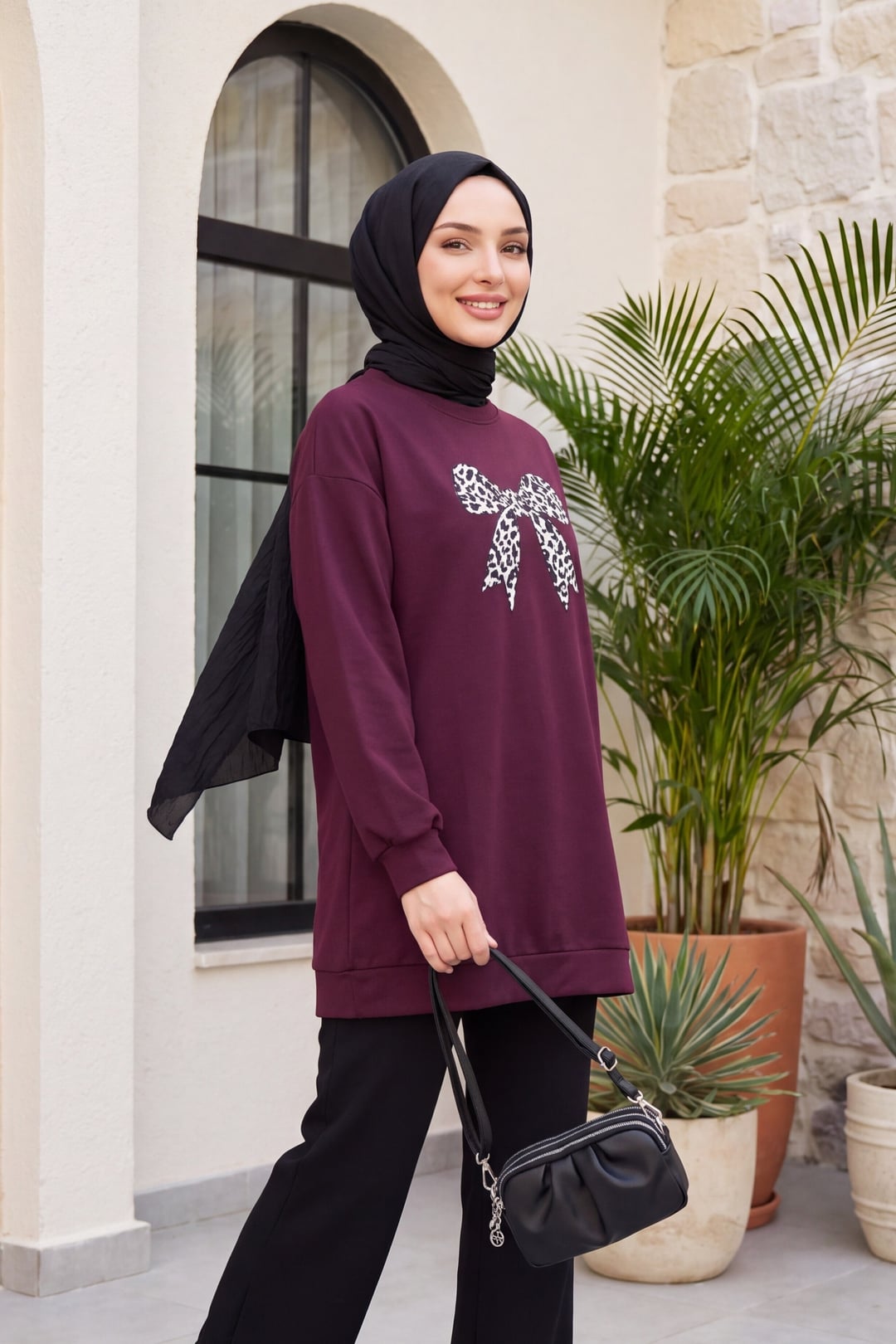 Round Neck Bow Print Oversized Tunic - Plum - Podyumplus - by Peralane