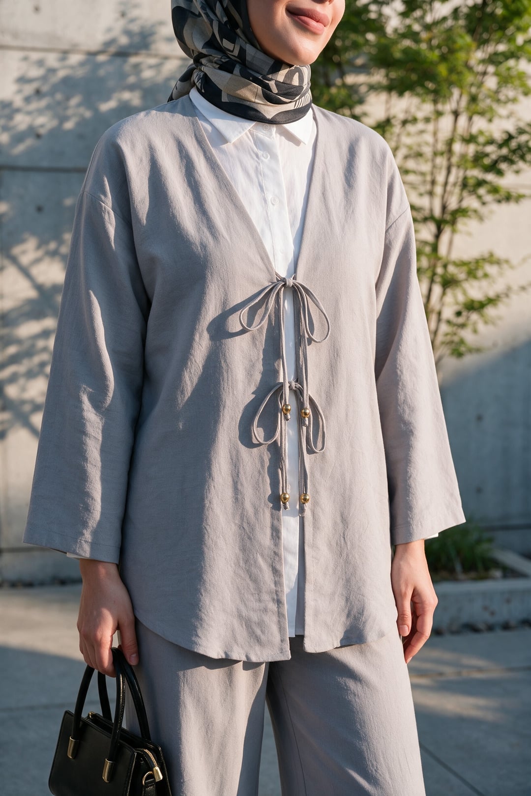 Grey Double-Tie Front Kimono Set with Wide-Leg Trousers - Podyumplus - by Peralane - photo 6