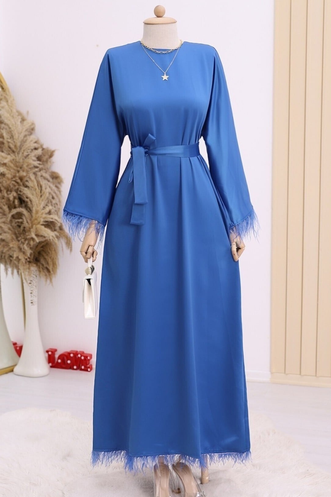 Indigo Satin Dress with Feather Trim and Belt for Women - Podyumplus - by Peralane - photo 2