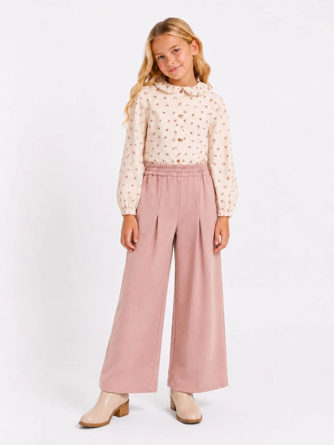 Girls' Two-Piece Set with Floral Blouse and Pleated Trousers - Serkon Baby - by Peralane