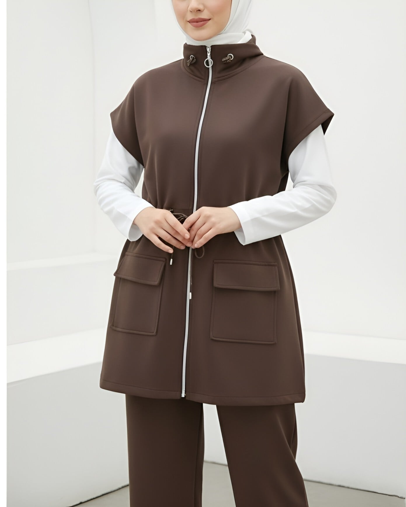 Hooded Vest and Trousers Two-Piece Set in Brown - Podyumplus - by Peralane - photo 2