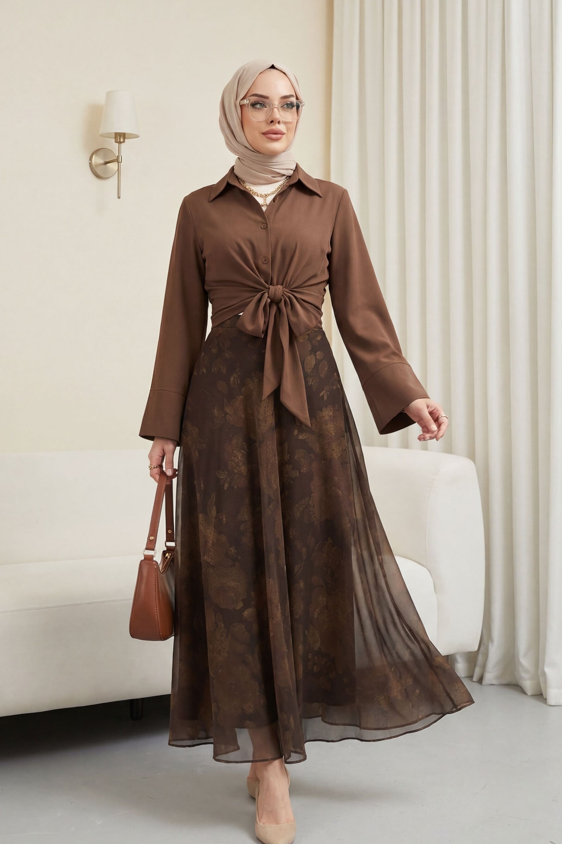 Patterned Lined Chiffon Skirt with Side Zipper - Khaki - Podyumplus - by Peralane - photo 7