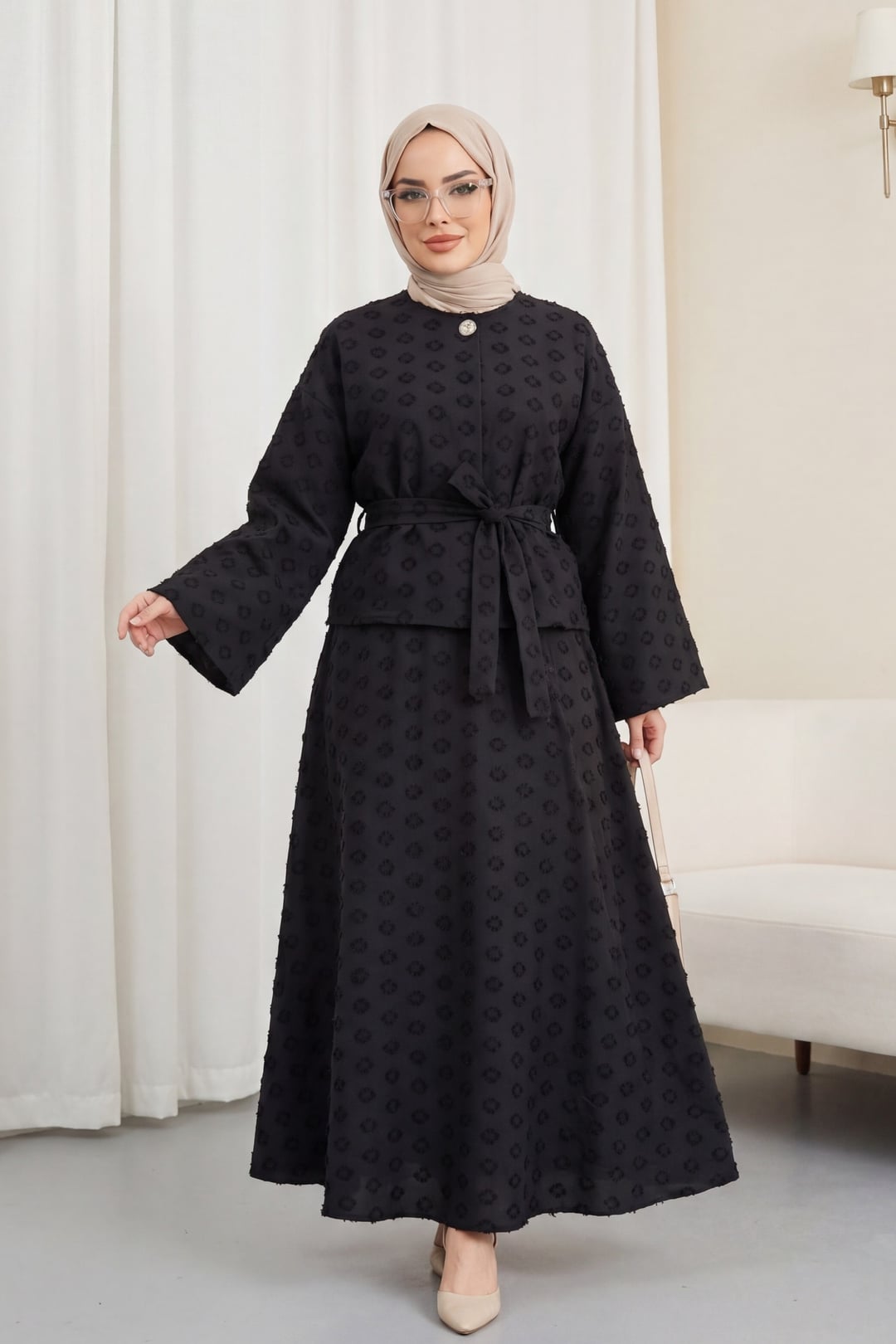 Women's Black Jacquard Two-Piece Set: Long-Sleeve Jacket and Maxi Skirt - Podyumplus - by Peralane - photo 2