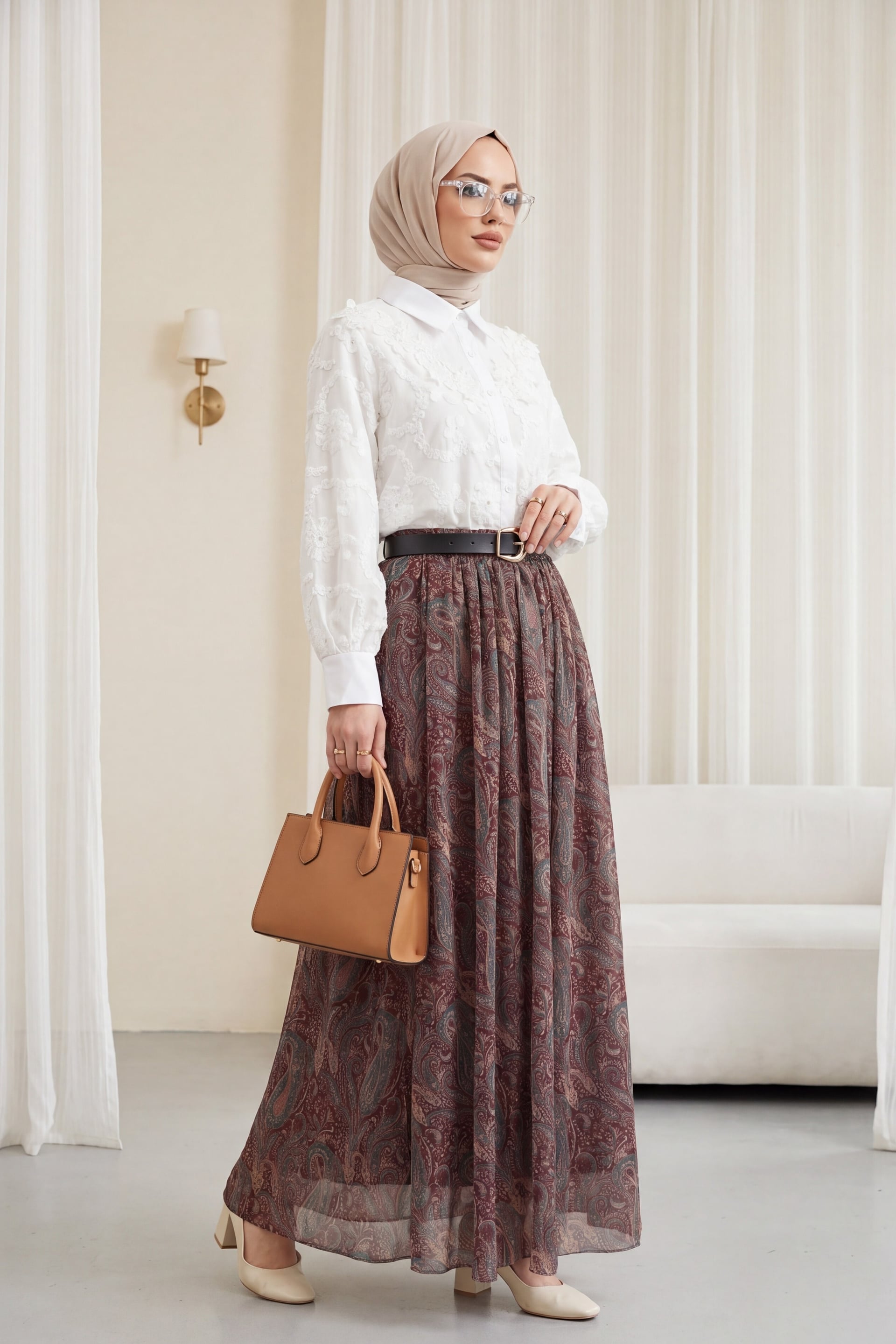 Burgundy Patterned Tulle Maxi Skirt with Elastic Waist and Belt | Peralane - Podyumplus - by Peralane - photo 4