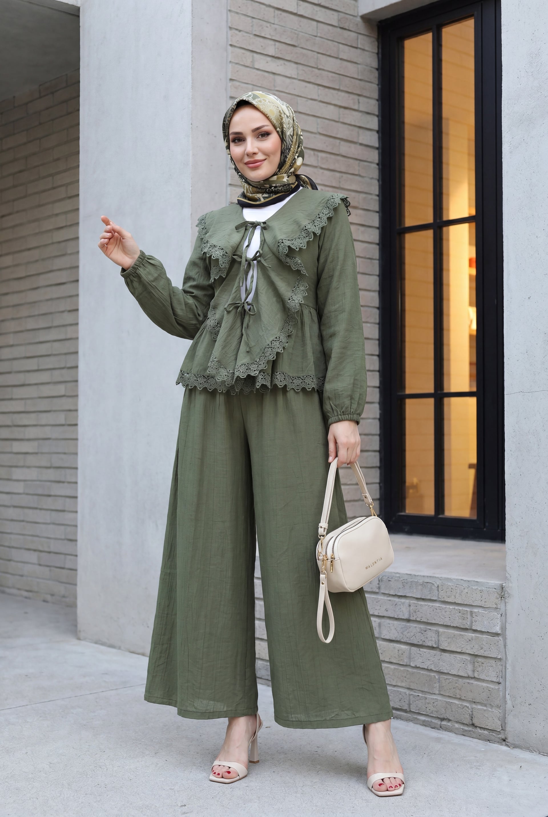 Women's Lace Detail Peplum Top and Wide-Leg Trousers Co-ord Set in Olive Green - Podyumplus - by Peralane
