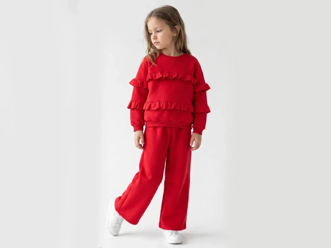 Girls' Red Ruffle Detail Brushed 3-Thread Two-Piece Set - Vovido - by Peralane