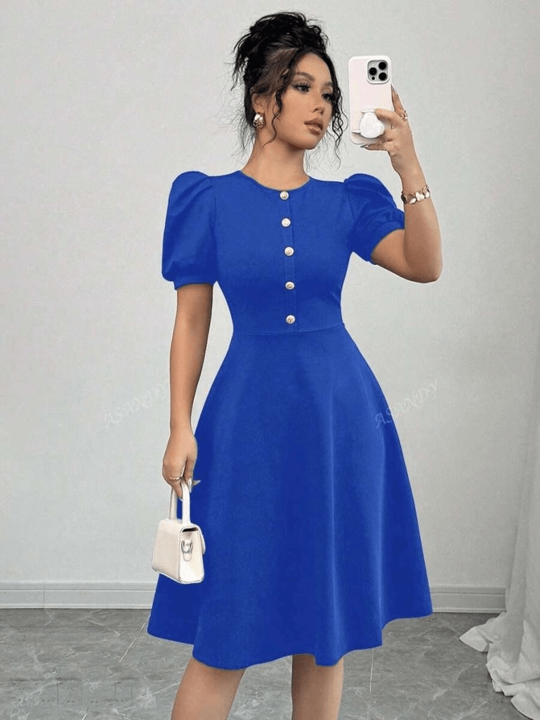 Women's Royal Blue Crepe Dress with Short Puff Sleeves and Front Buttons - Janes - by Peralane