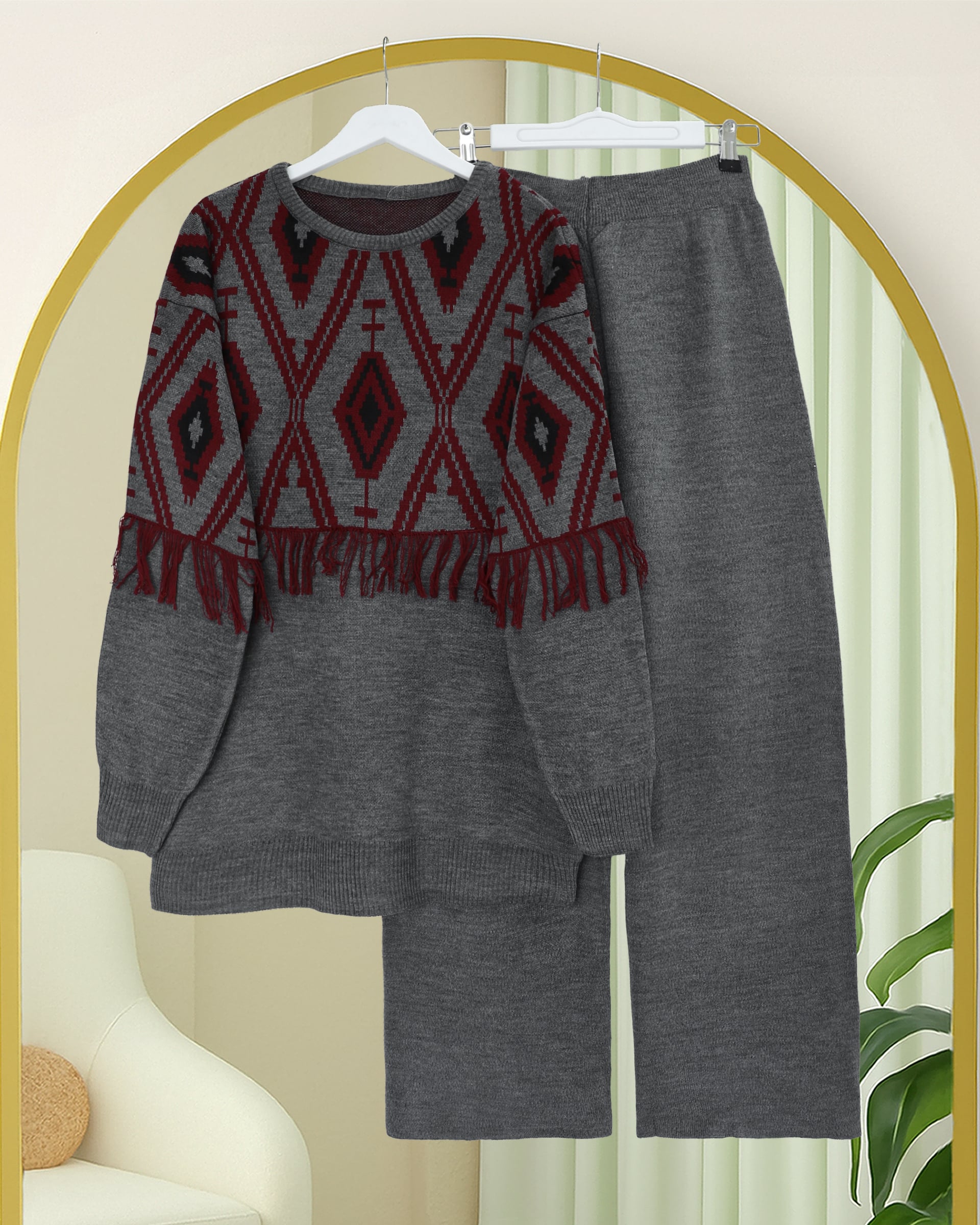 Fringed Pixel Pattern Knit Set - Smoke - Podyumplus - by Peralane - photo 3