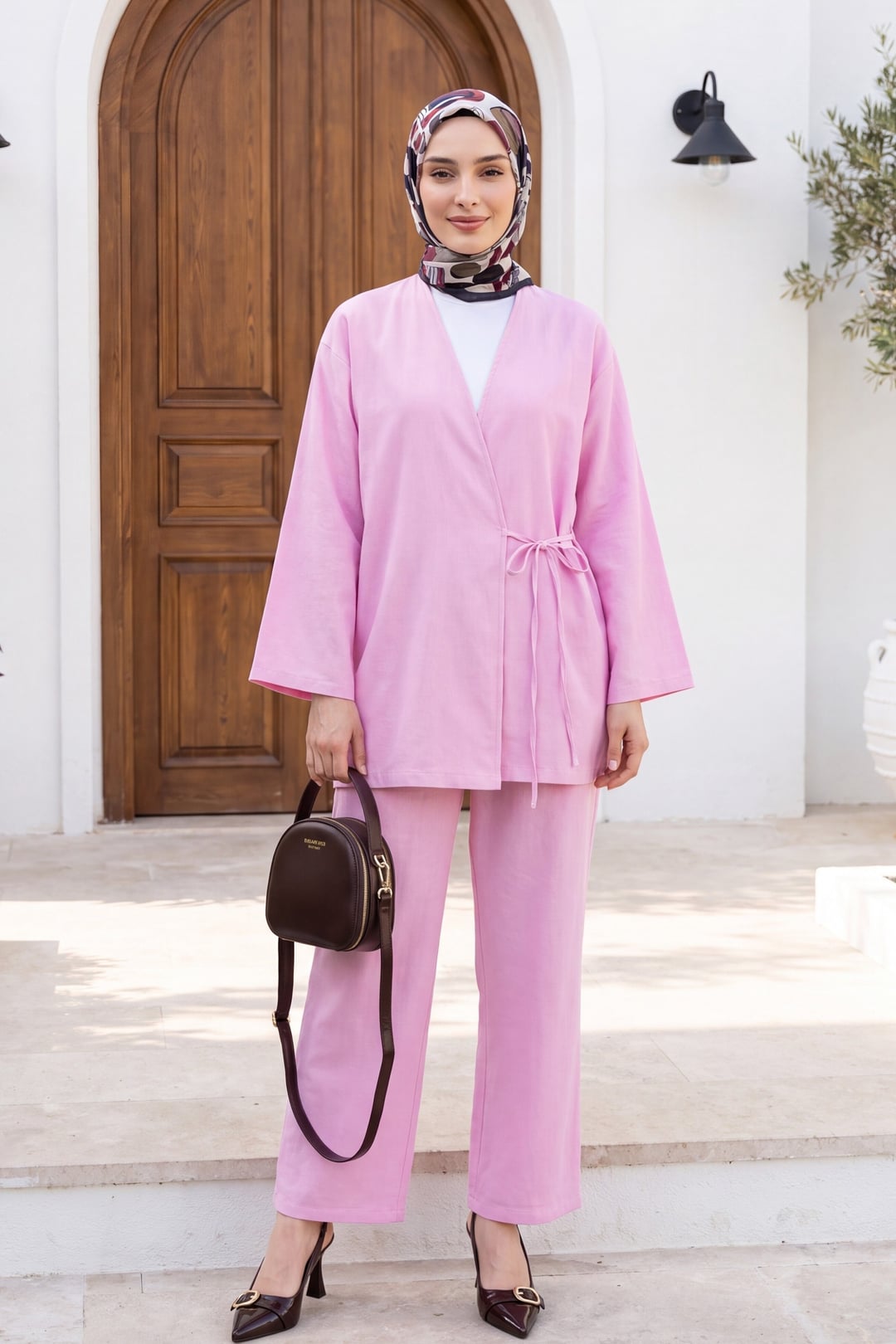 Pink Kimono and Wide-Leg Trousers Two-Piece Set - Podyumplus - by Peralane - photo 4