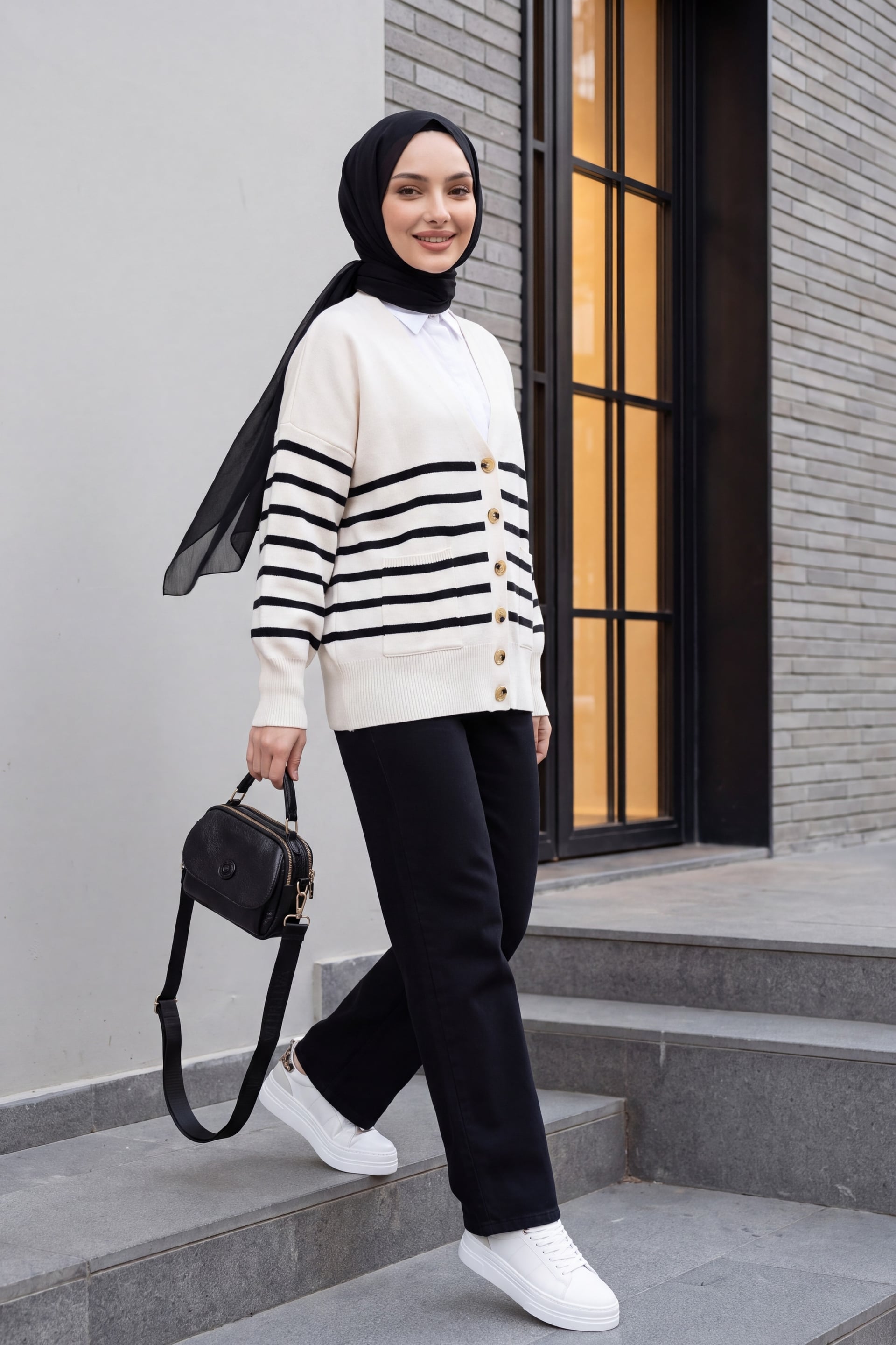 Striped Button-Front Cardigan with Pockets - Ecru - Podyumplus - by Peralane - photo 4