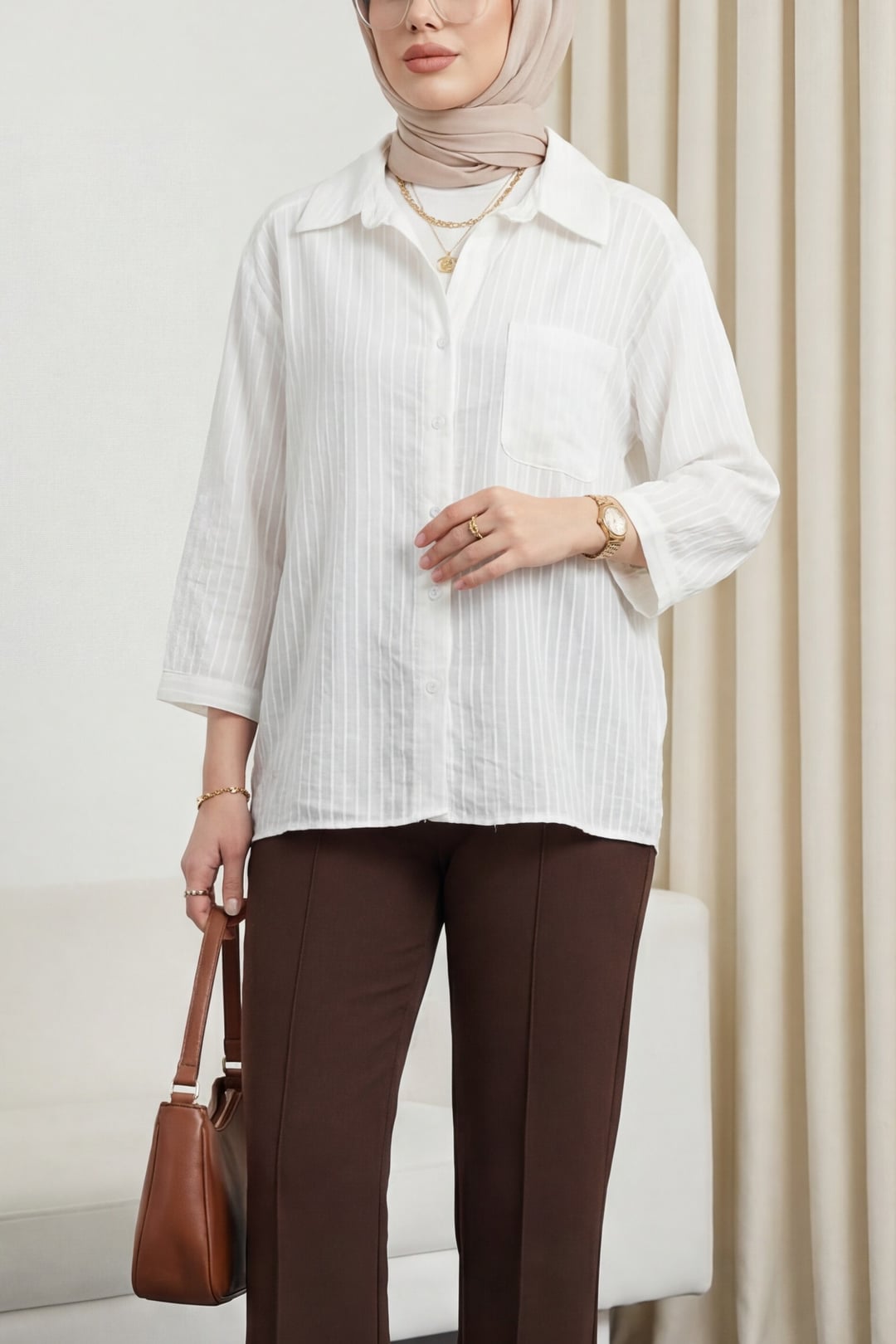 White V-Neck Striped Sheer Blouse from Two-Piece Set - Podyumplus - by Peralane - photo 2