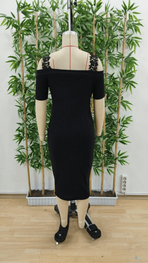 Women's Off-Shoulder Ribbed Knit Midi Dress with Lace Straps - Janes - by Peralane - photo 8