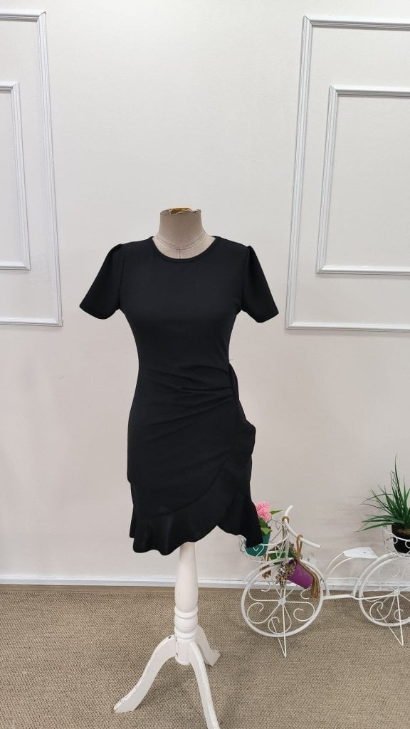 Women's Short-Sleeved Round Neck Crepe Dress with Front Flounce - Janes - by Peralane - photo 4