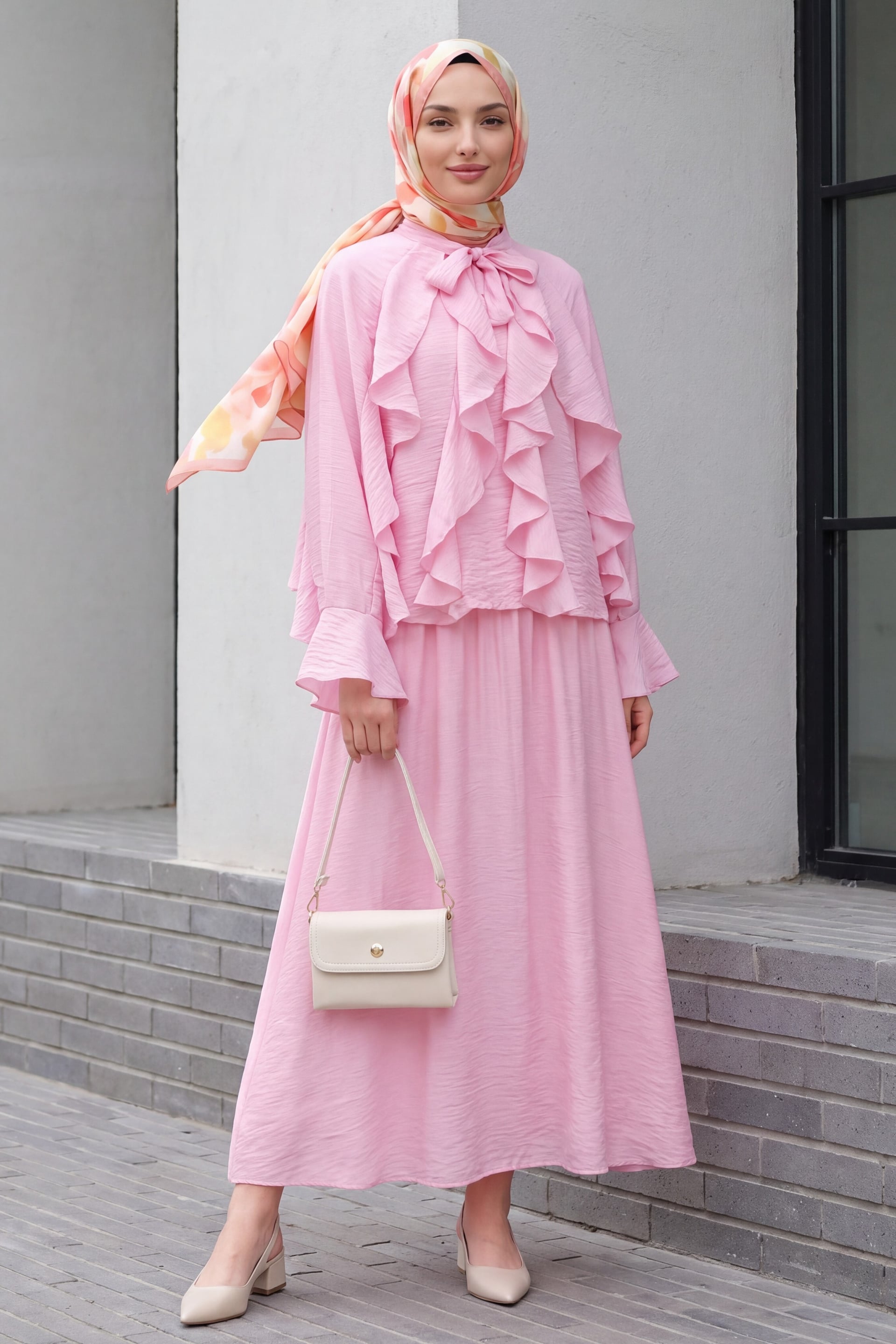 Pink Ruffled Bow Collar Modal Two-Piece Set with Skirt - Podyumplus - by Peralane
