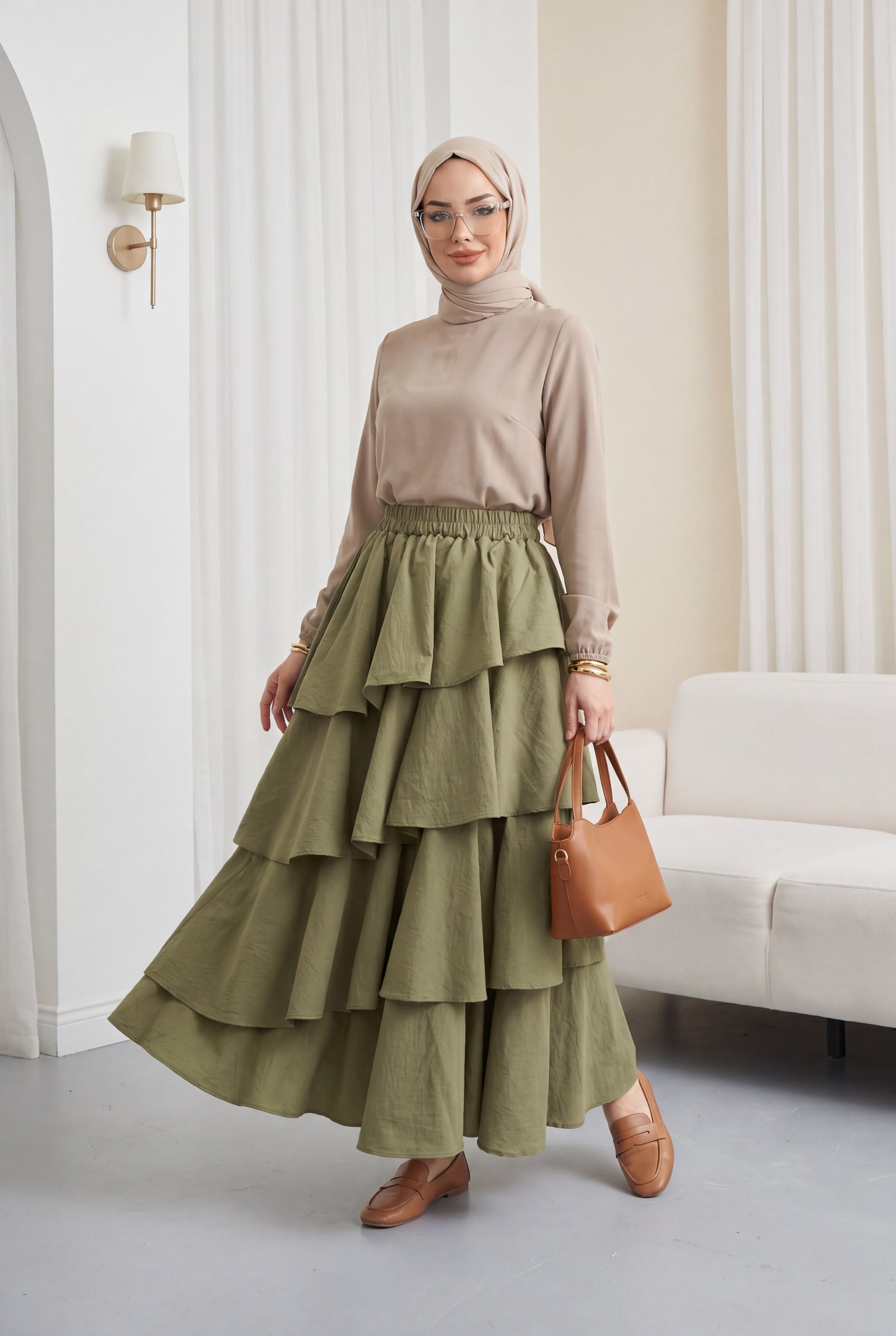 Elasticated Waist Tiered Lined Cupra Skirt - Khaki - Podyumplus - by Peralane - photo 4