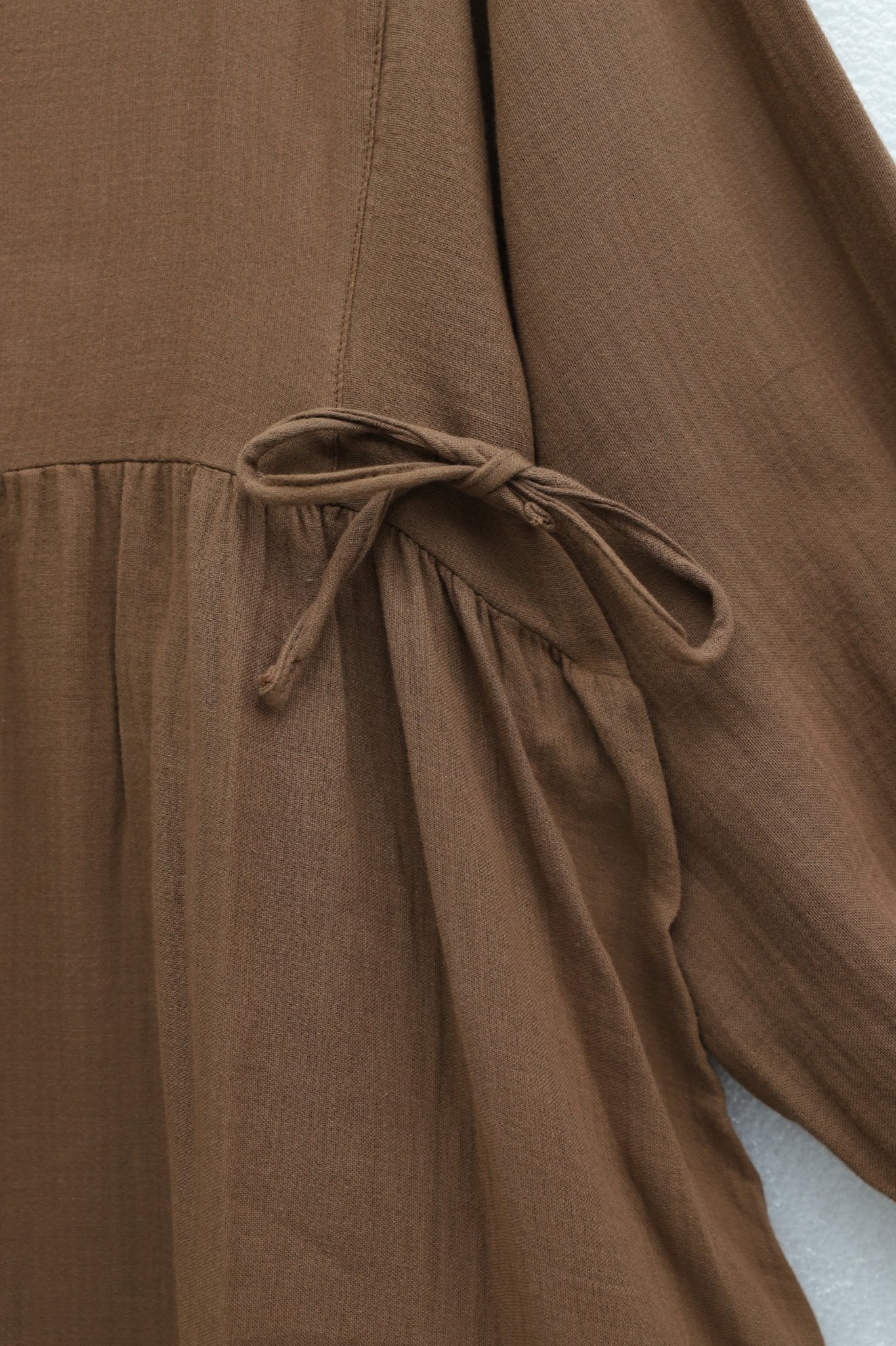 Half Button Long Sleeve Tie Waist Muslin Dress - Light Brown - Podyumplus - by Peralane - photo 5