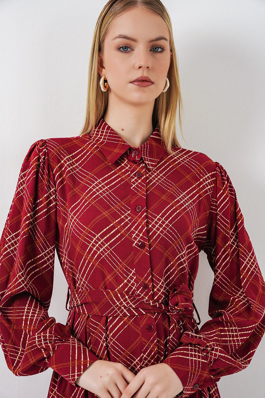 Women's Long-Sleeved Button-Front Plaid Modest Dress - Burgundy - Bigdart - by Peralane